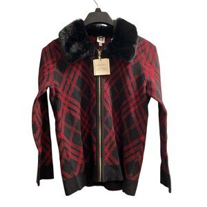 Anne Klein Sweater Jacket M Red Plaid Black Faux Fur Collar Full Zip Cardigan